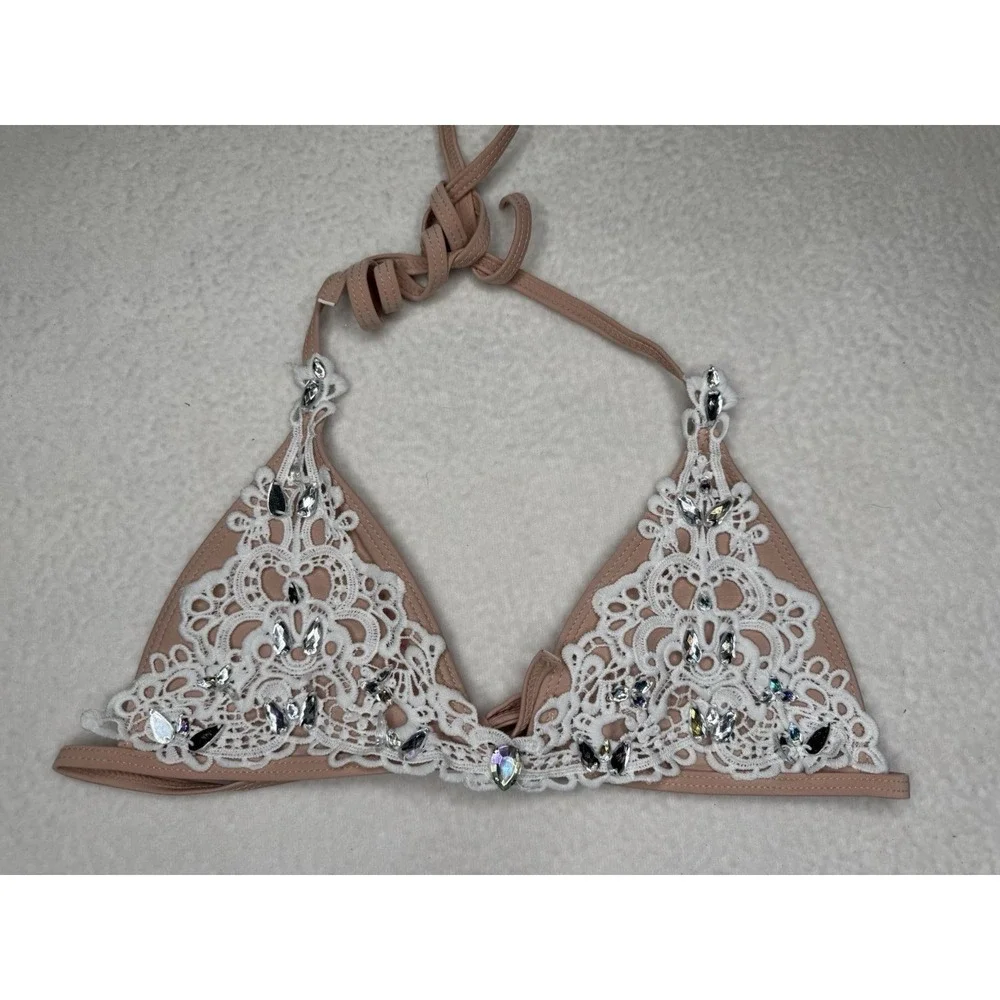 Size M Women's Nude White Lace Rhinestone Tie Side Bikini Swimsuit Set
